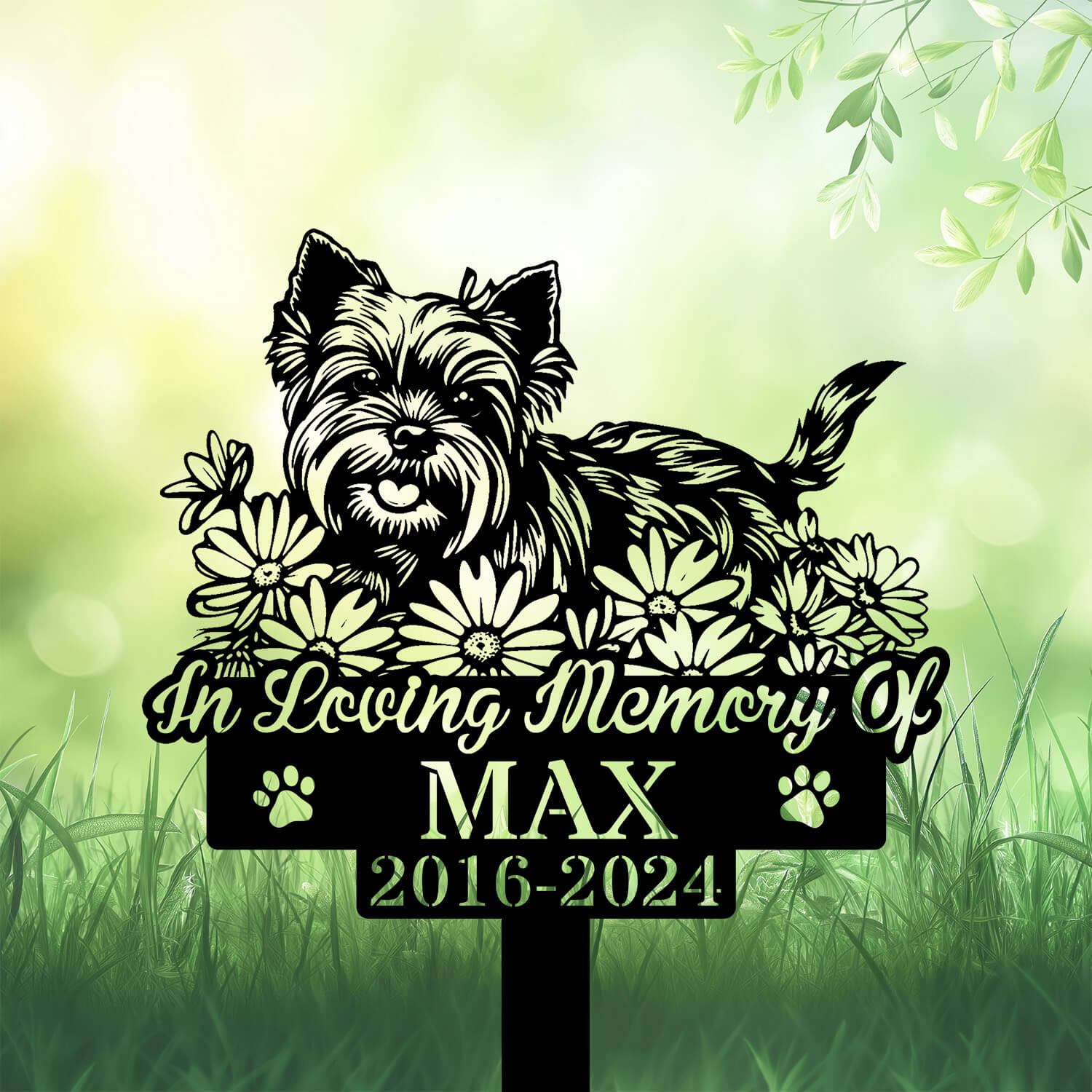 Personalized Yorkshire Terrier Grave Marker – Custom Lying Dog Memorial Stake by DINOZOZO