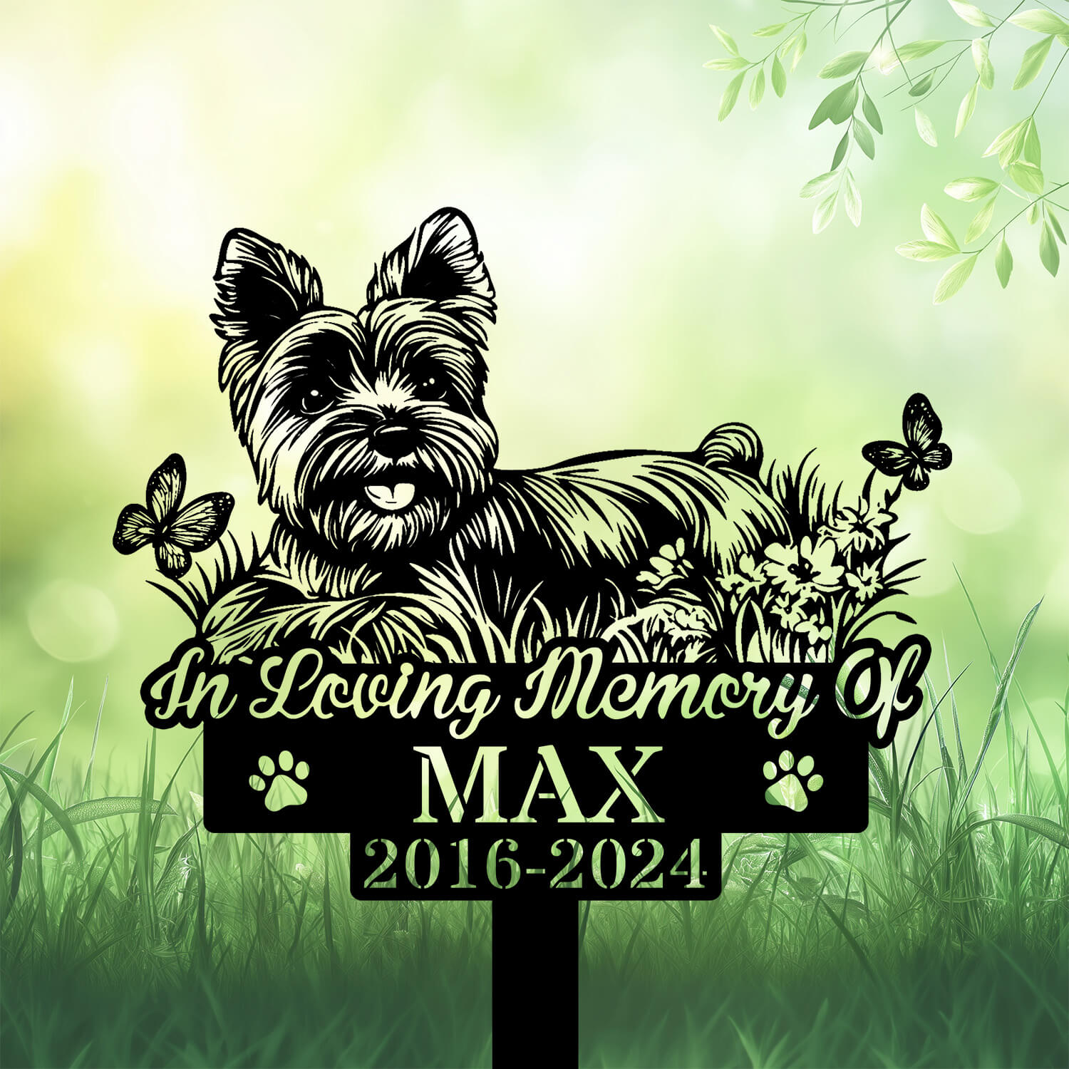 Personalized Yorkshire Terrier Grave Marker with Butterfly – Custom Metal Memorial Stake by DINOZOZO
