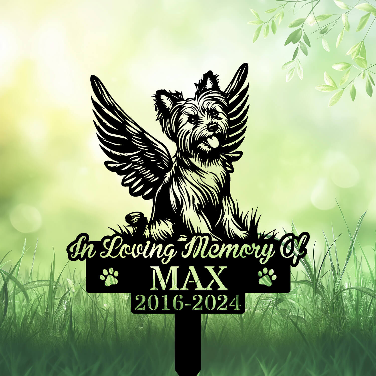 Personalized Yorkshire Terrier Grave Marker – Angel Yorkie Sitting Memorial by DINOZOZO
