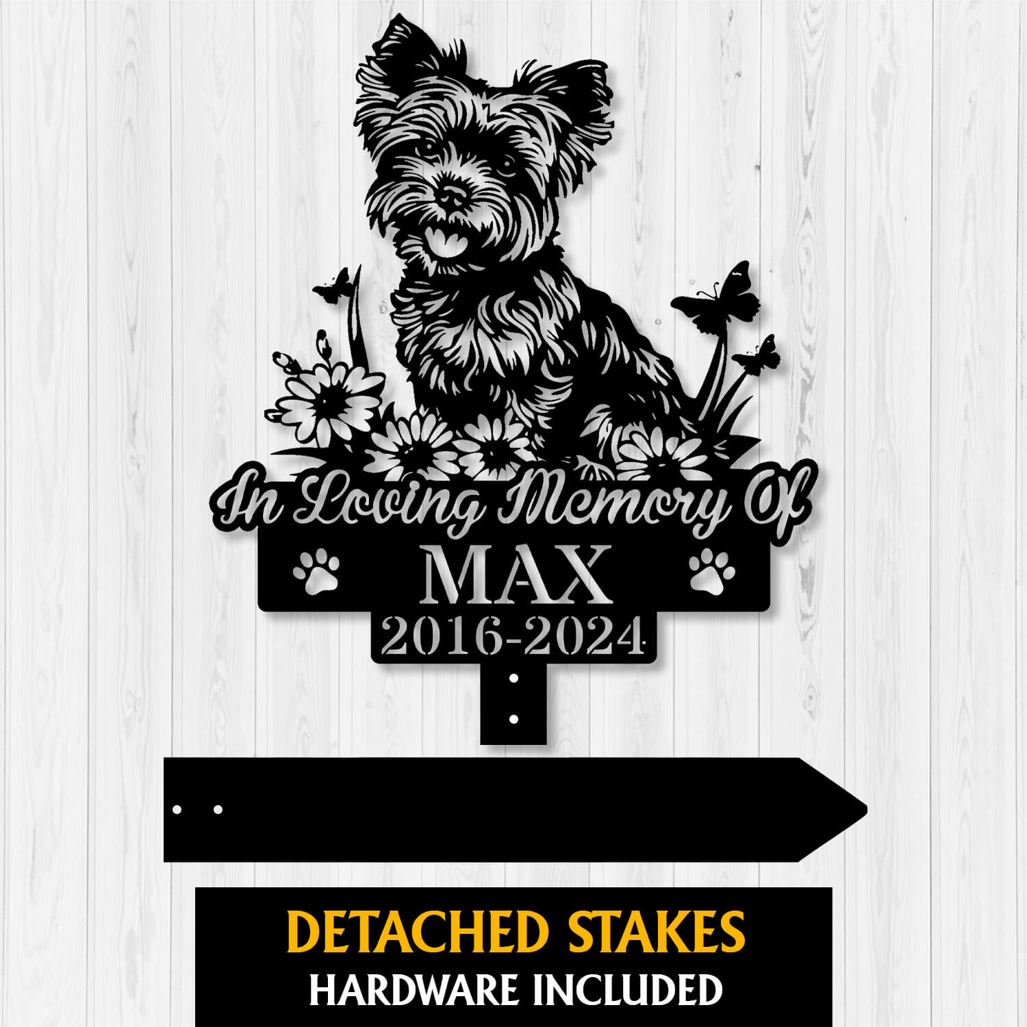 Yorkie Memorial Grave Marker in black finish – installed in garden setting