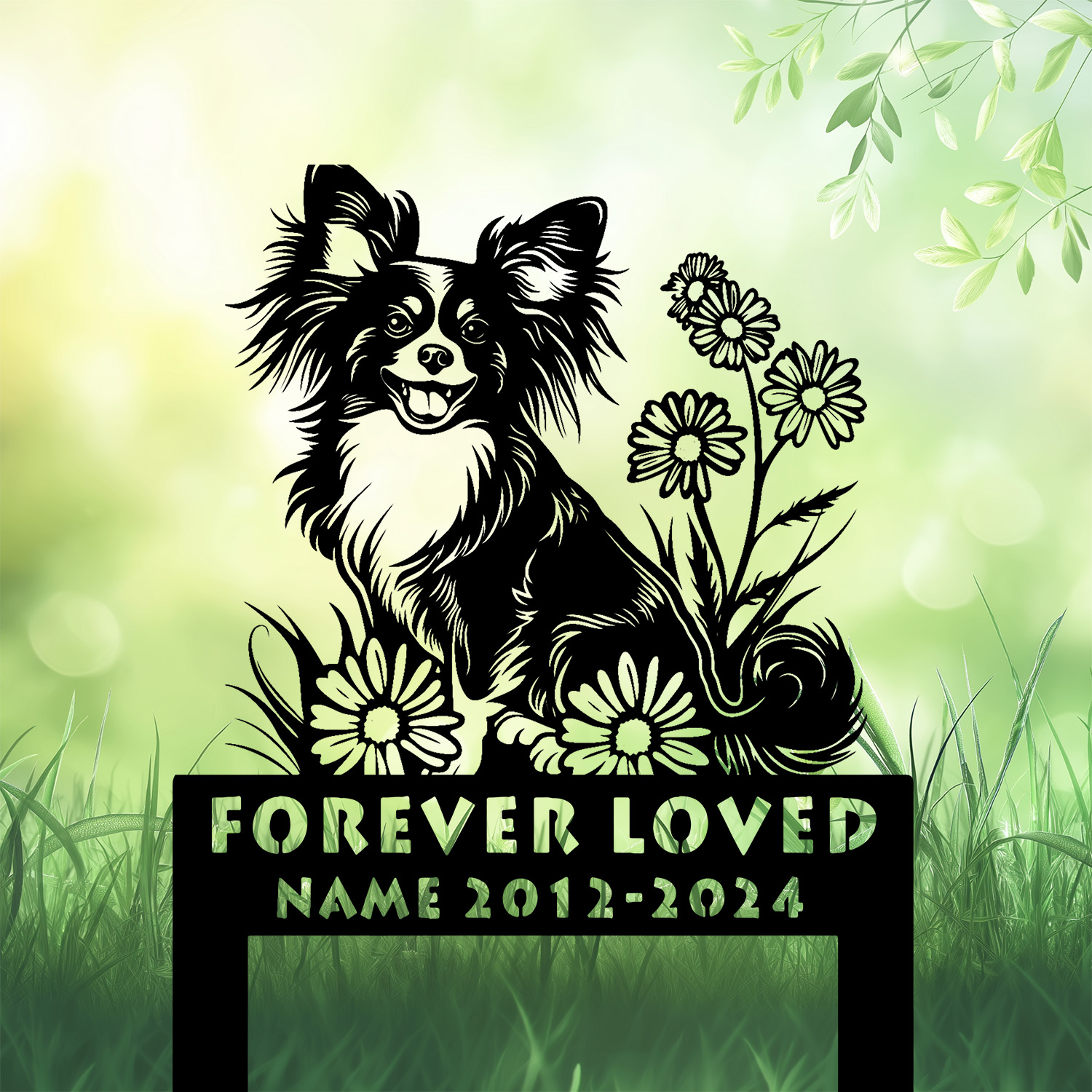 Standing happy Papillon dog memorial sign for garden or cemetery remembrance Standing happy Papillon dog memorial sign for garden or cemetery remembrance