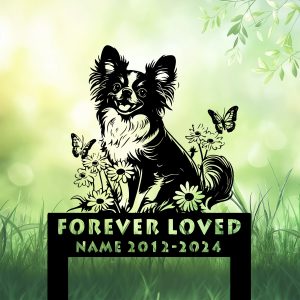Personalized Papillon Dog Grave Marker – Custom Smiling Dog Memorial Stake for Pet Loss Tribute and Garden Cemetery Decor | DINOZOZO