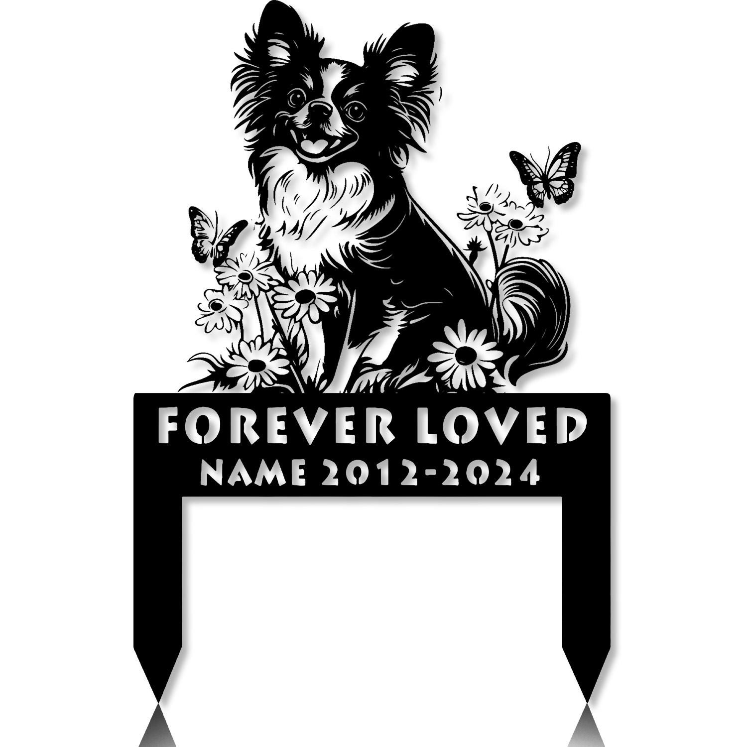Papillon dog silhouette with smiling face – engraved grave marker in flower garden