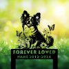 Joyful Papillon pet memorial stake in black finish – custom engraved nameplate