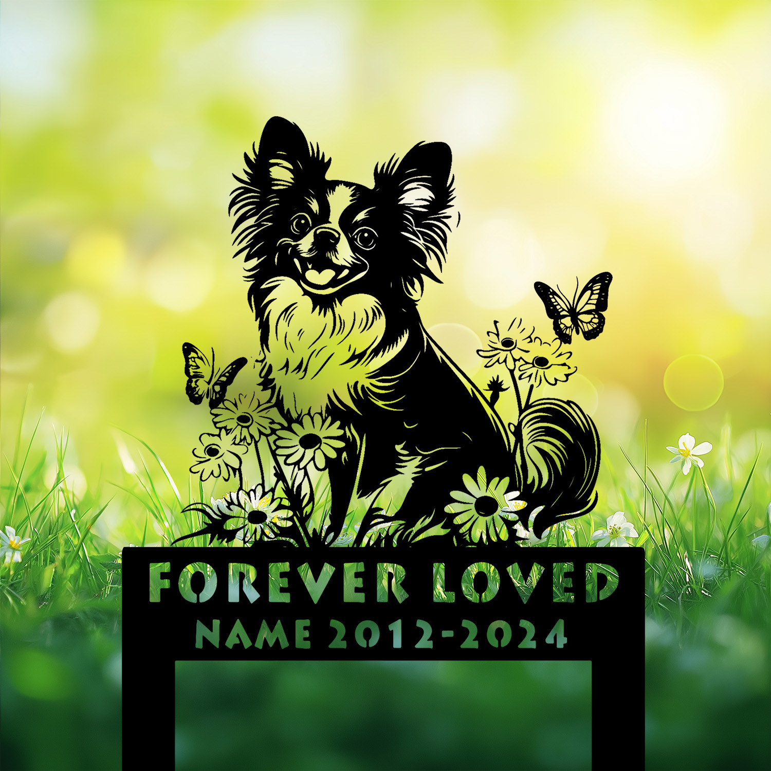 Joyful Papillon pet memorial stake in black finish – custom engraved nameplate