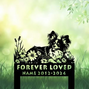 Personalized Papillon Dog Grave Marker – Custom Lying Dog Memorial Stake for Pet Loss Garden Tribute | DINOZOZO