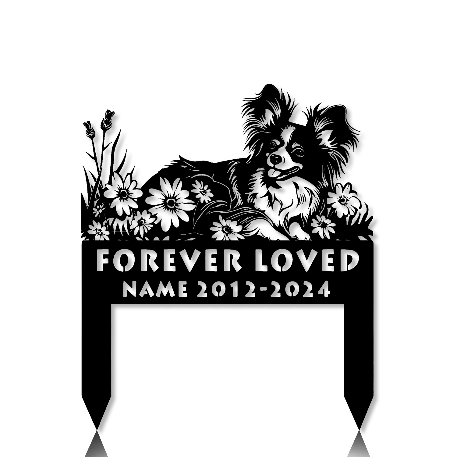 Papillon dog memorial marker with lying pose – engraved metal stake for pet remembrance