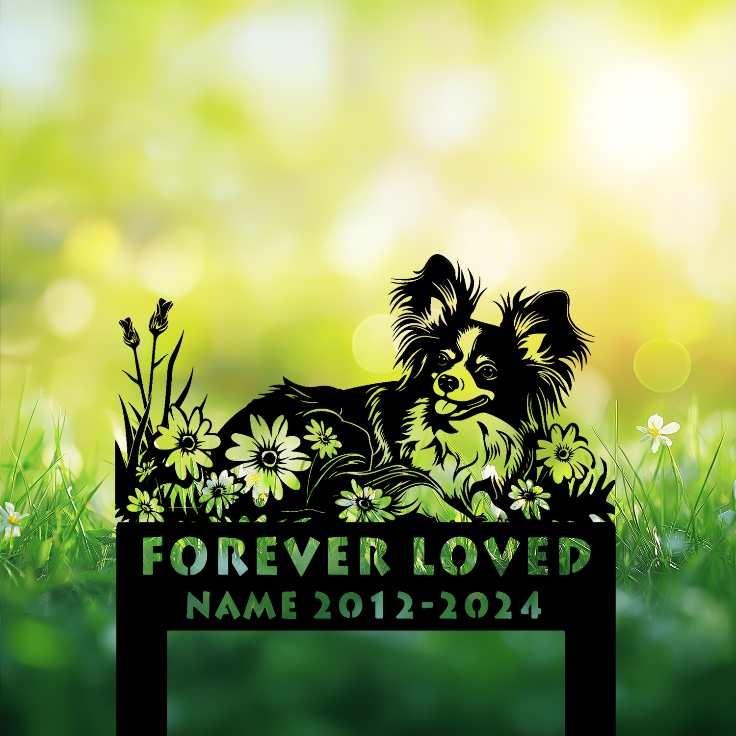 Custom dog grave sign for Papillon loss – lying position, powder-coated finish