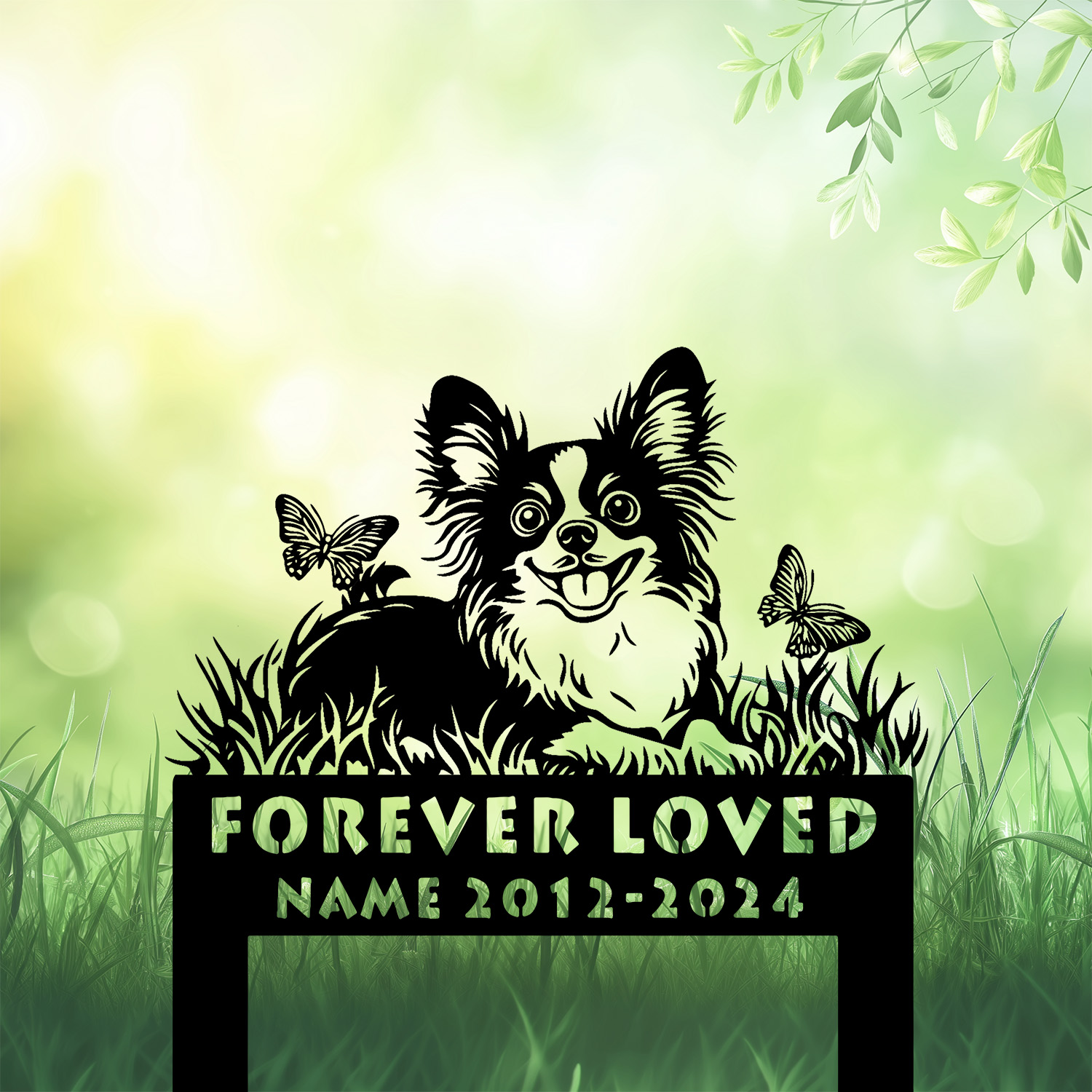 Personalized Papillon Dog Grave Marker – Custom Lying on Grass Memorial by DINOZOZO Personalized Papillon Dog Grave Marker – Custom Lying on Grass Memorial by DINOZOZO