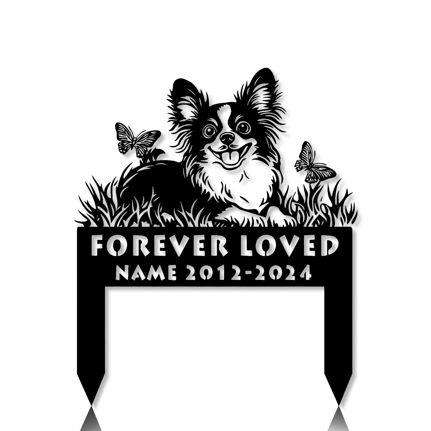 Papillon dog silhouette lying on grass – engraved metal pet grave marker Papillon dog silhouette lying on grass – engraved metal pet grave marker