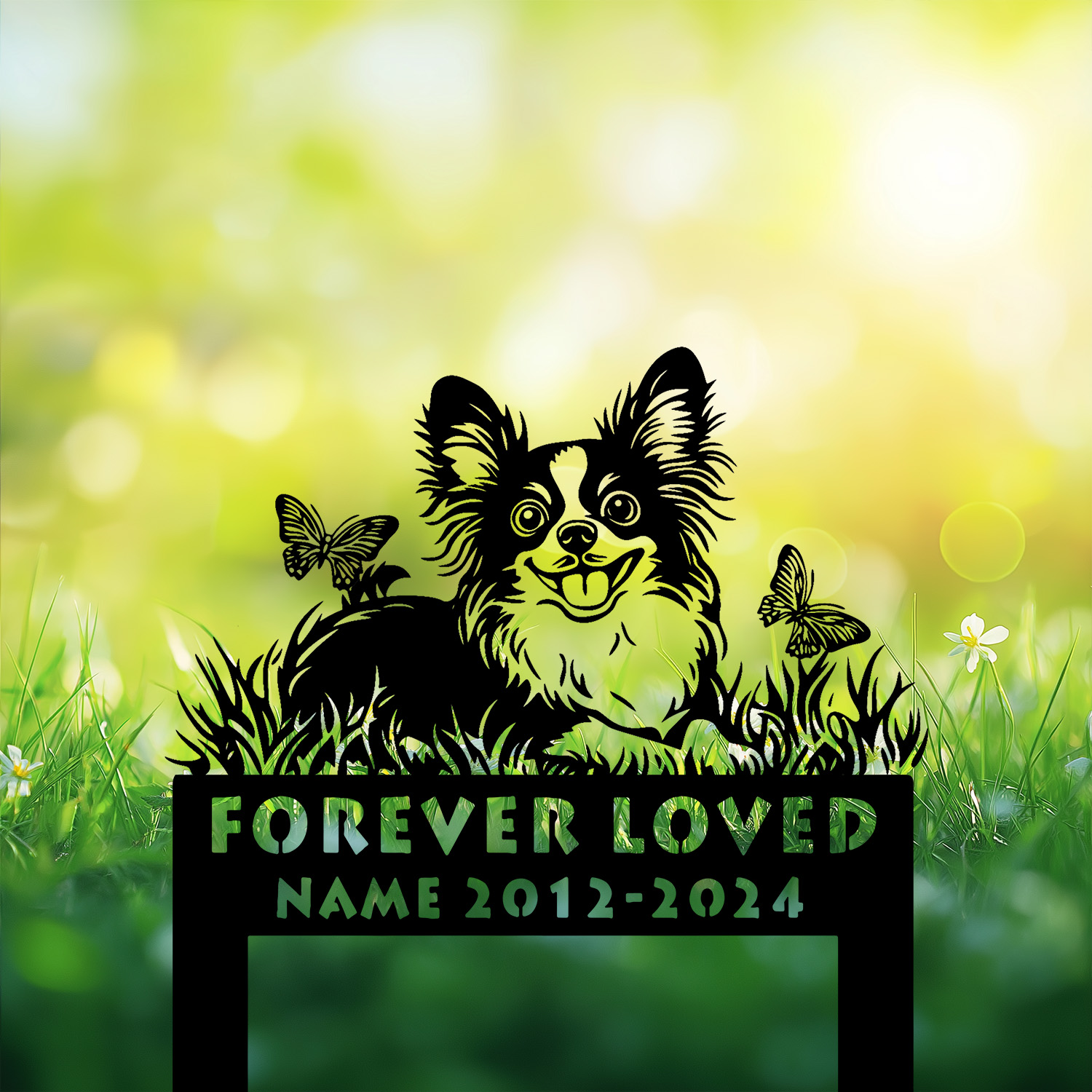 Outdoor Papillon dog remembrance sign in black finish – cemetery garden tribute Outdoor Papillon dog remembrance sign in black finish – cemetery garden tribute