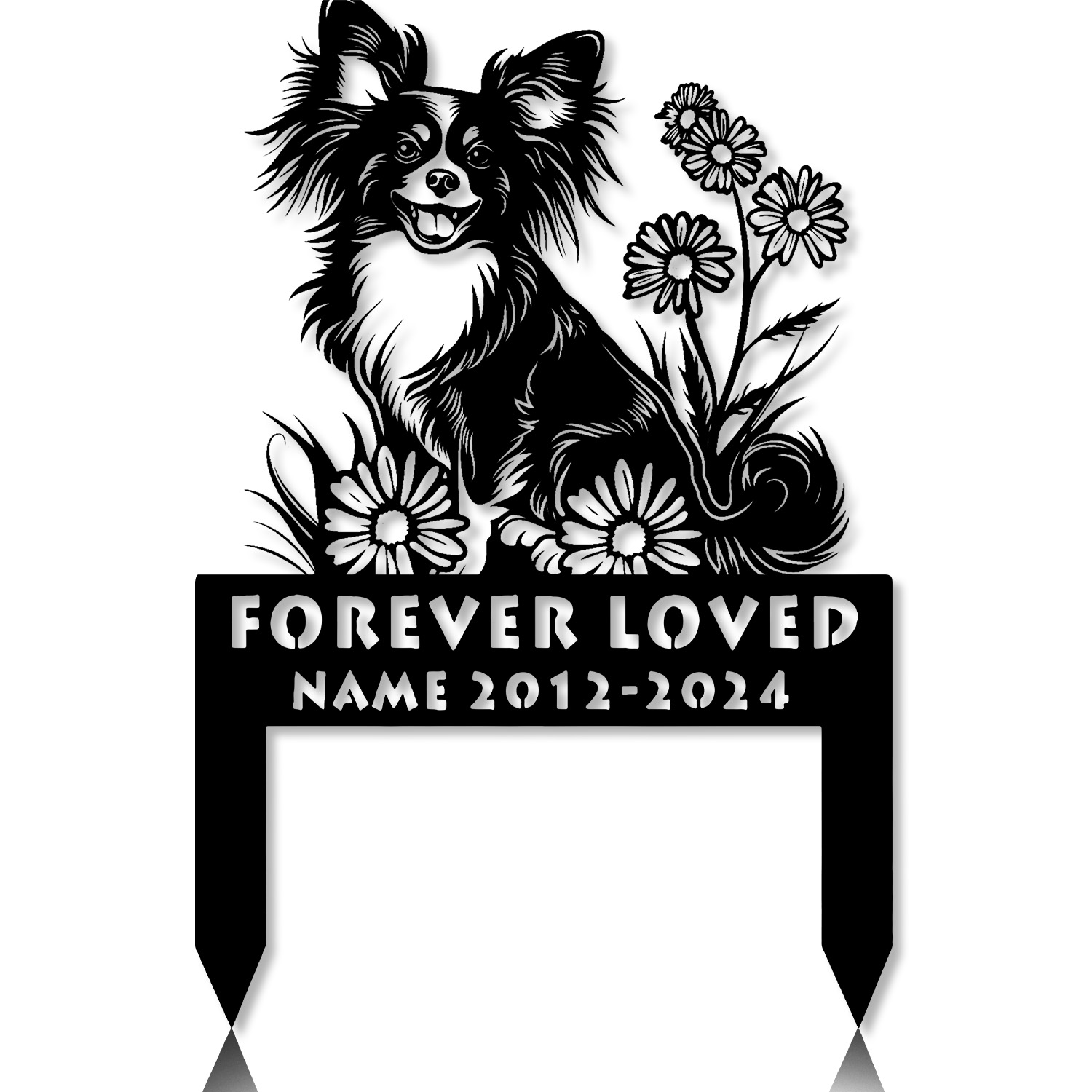 Joyful Papillon silhouette grave marker with custom name engraving – outdoor dog tribute Joyful Papillon silhouette grave marker with custom name engraving – outdoor dog tribute