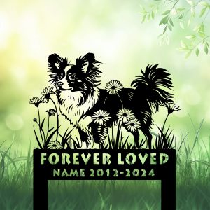 Personalized Papillon Dog Grave Marker – Custom Standing Dog on Flower Memorial Stake for Pet Loss Garden Tribute | DINOZOZO