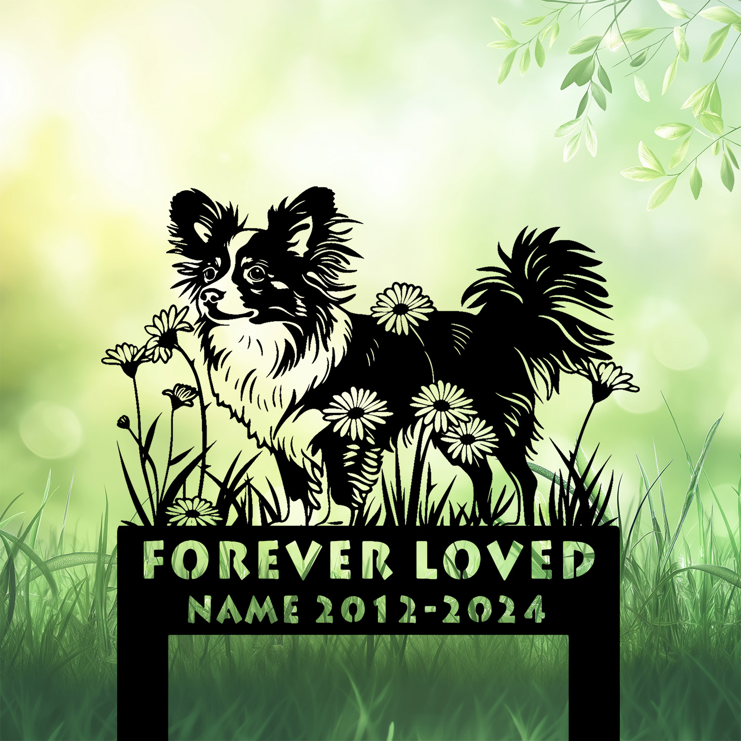 Personalized Papillon Dog Grave Marker – Standing on Flower Design by DINOZOZO Personalized Papillon Dog Grave Marker – Standing on Flower Design by DINOZOZO