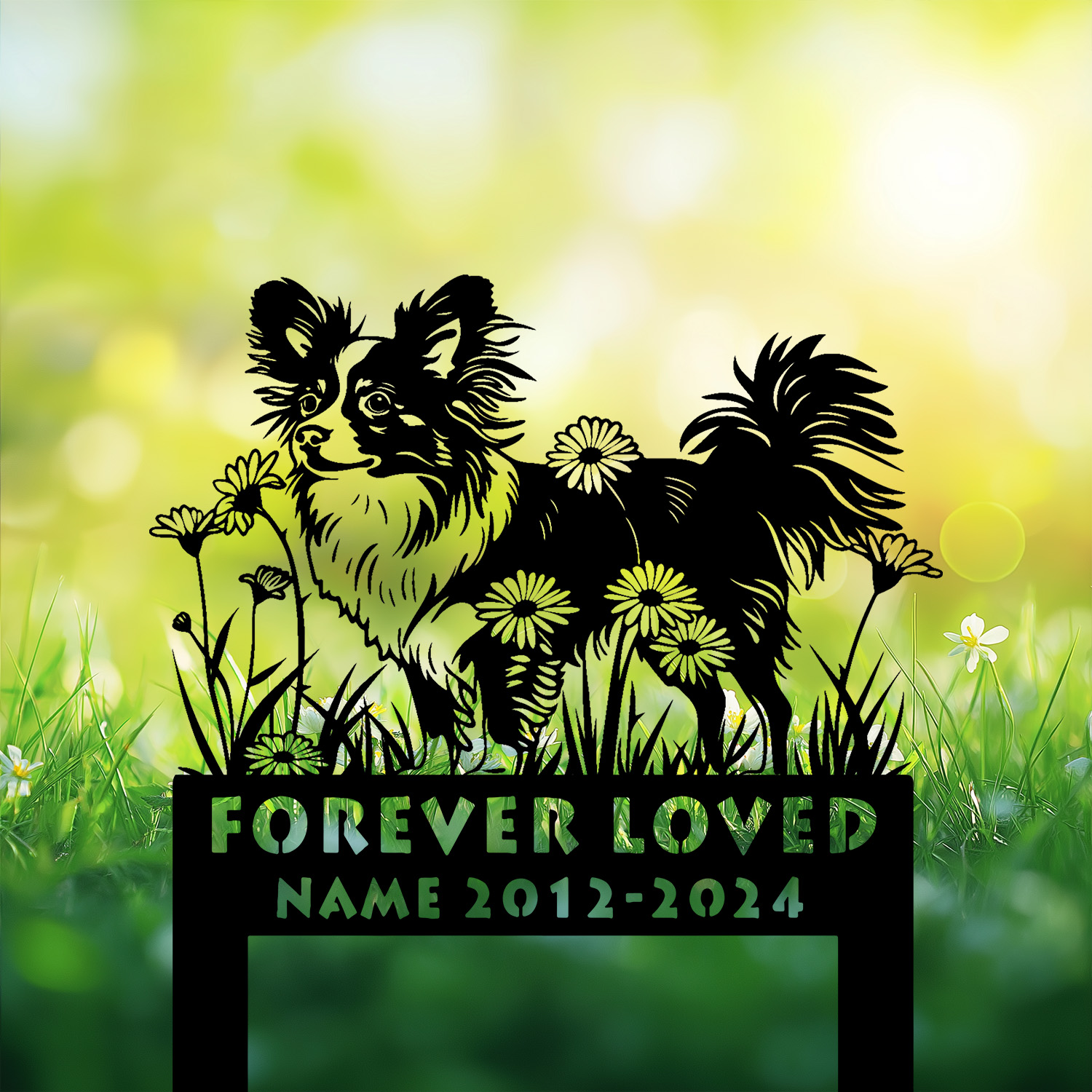 Papillon silhouette standing on engraved floral base – custom dog memorial stake Papillon silhouette standing on engraved floral base – custom dog memorial stake