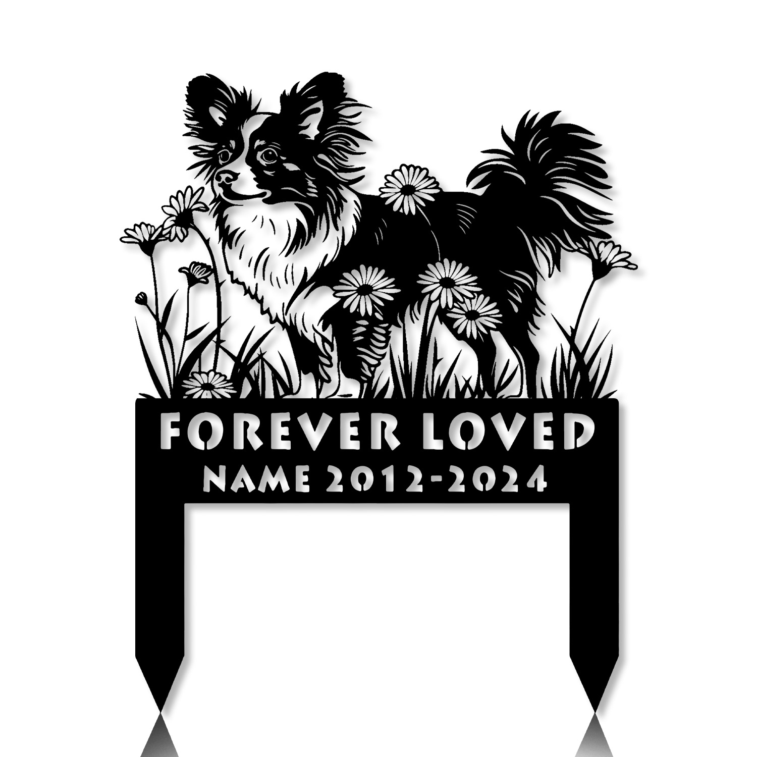 Outdoor dog grave marker with Papillon standing pose and flower cutout details Outdoor dog grave marker with Papillon standing pose and flower cutout details