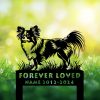 Outdoor Papillon dog memorial stake with classic upright pose