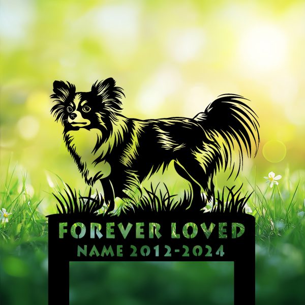 Outdoor Papillon dog memorial stake with classic upright pose