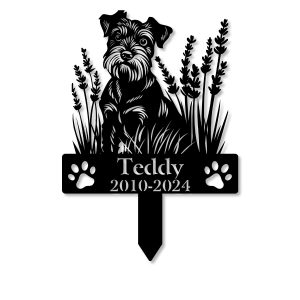Personalized Schnauzer Dog Grave Marker – Custom Memorial Stake with Lavender Flowers for Pet Loss Tribute | DINOZOZO