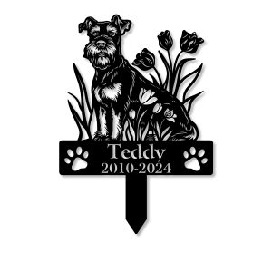 Personalized Schnauzer Dog Grave Marker – Custom Memorial Stake with Tulip Flowers for Pet Loss and Garden Tribute | DINOZOZO