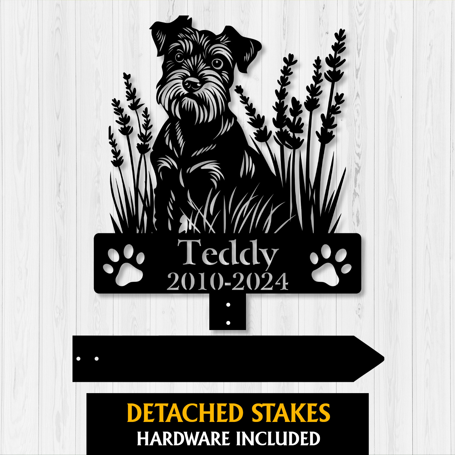 Custom Schnauzer memorial sign – lavender flower design and engraved metal silhouette Custom Schnauzer memorial sign – lavender flower design and engraved metal silhouette