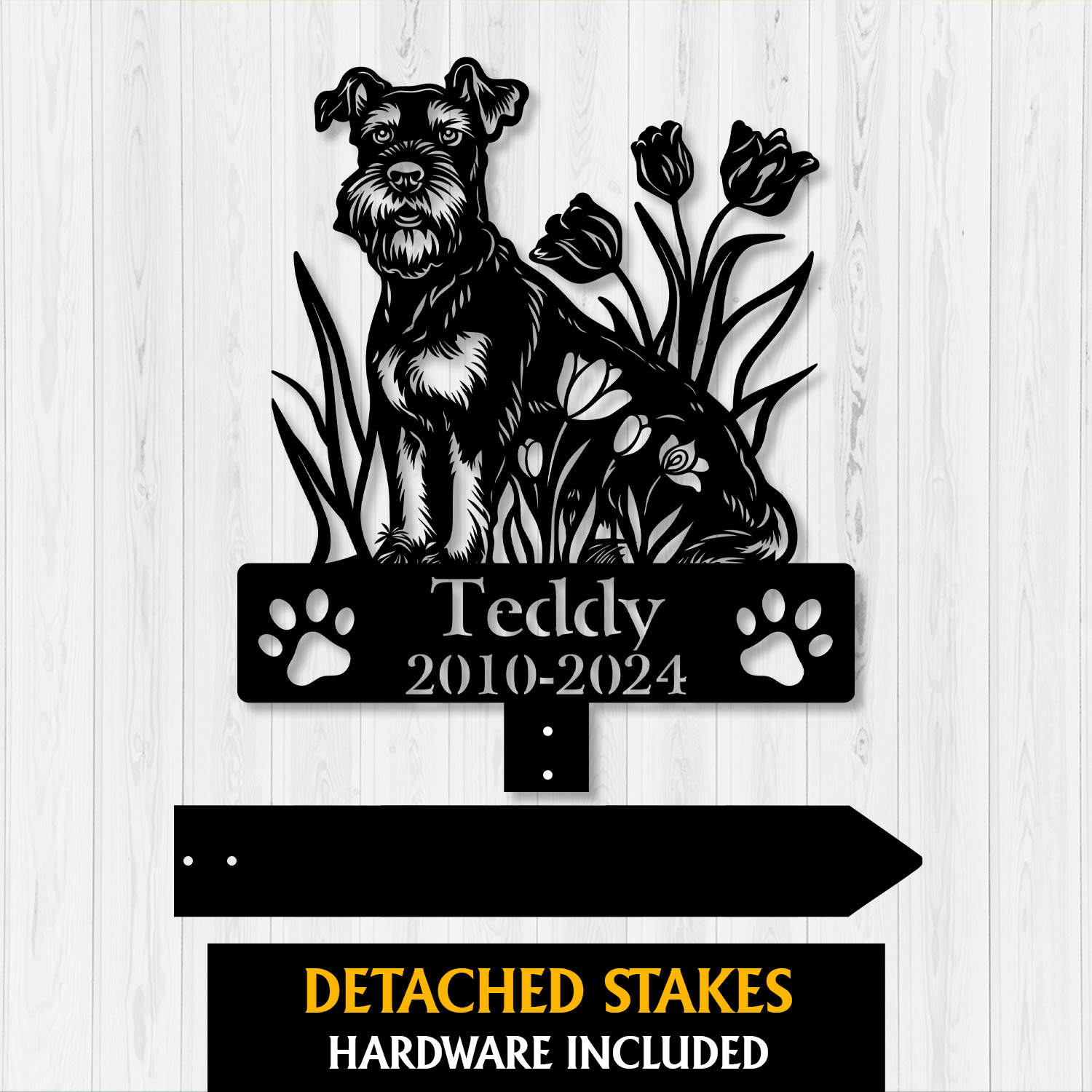 Custom Schnauzer dog silhouette surrounded by tulips – metal pet memorial stake