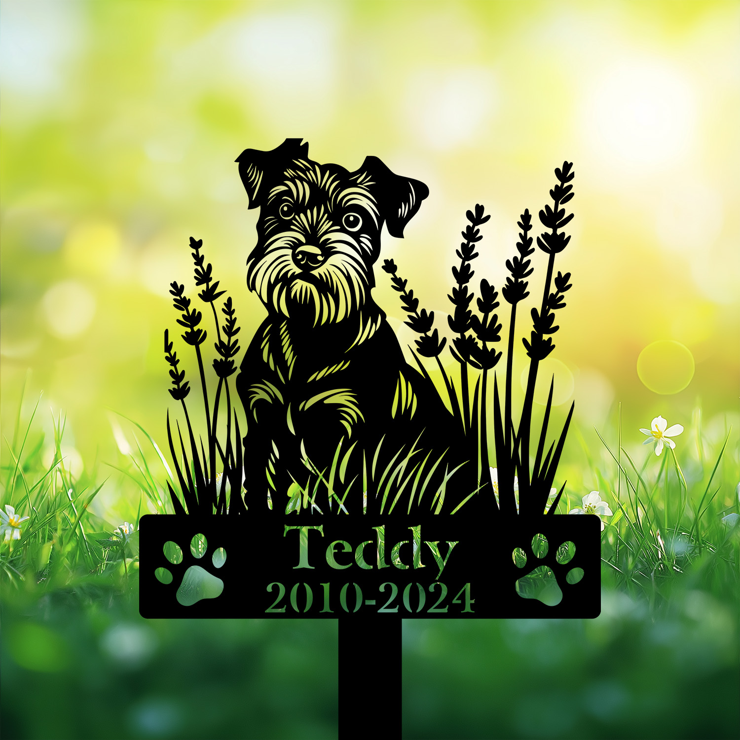 Powder-coated Schnauzer dog remembrance stake with floral accents Powder-coated Schnauzer dog remembrance stake with floral accents