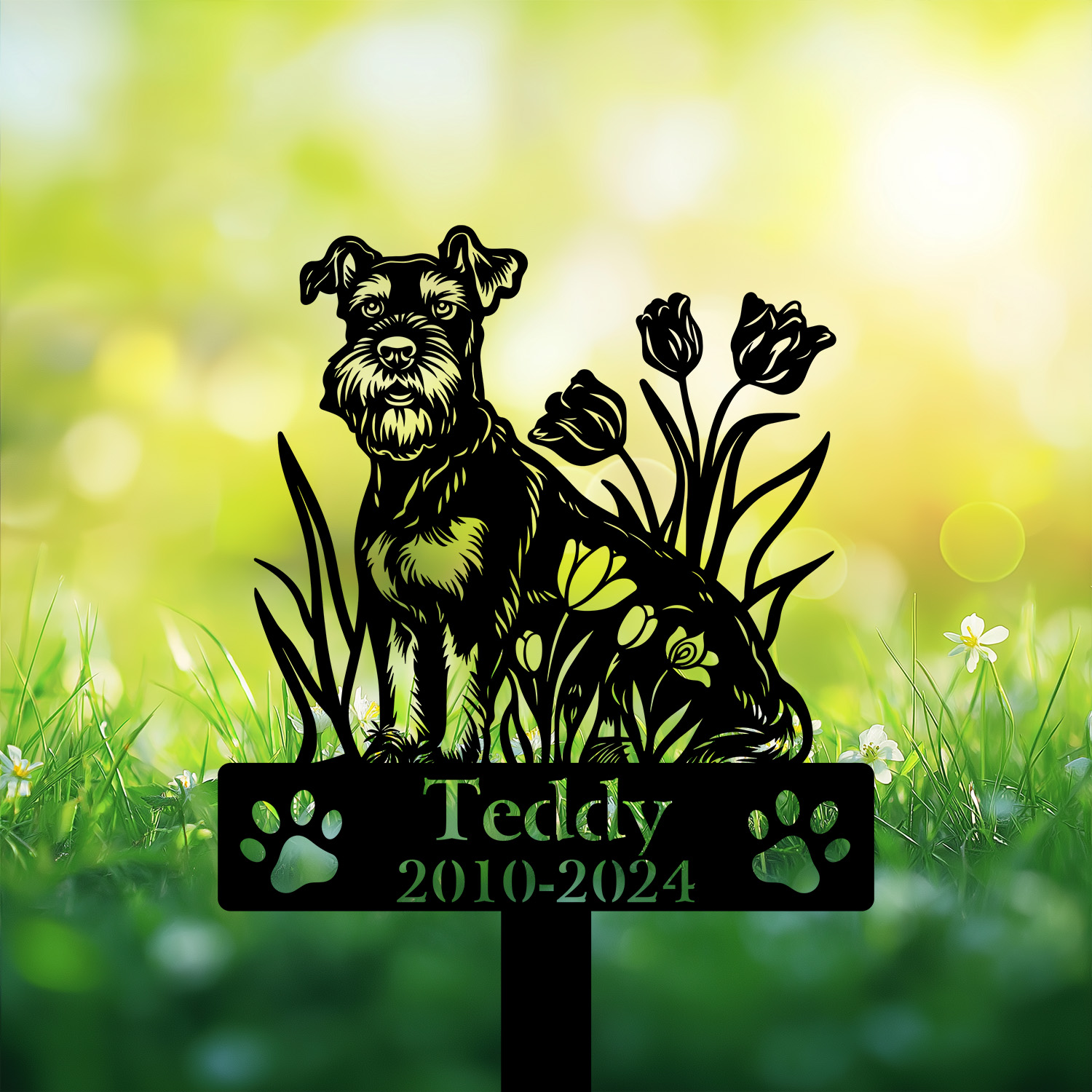 Schnauzer dog cemetery marker with floral design – powder-coated steel tribute