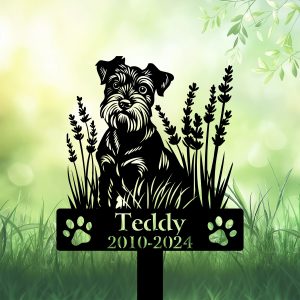 Personalized Schnauzer Dog Grave Marker – Custom Memorial Stake with Lavender Flowers for Pet Loss Tribute | DINOZOZO