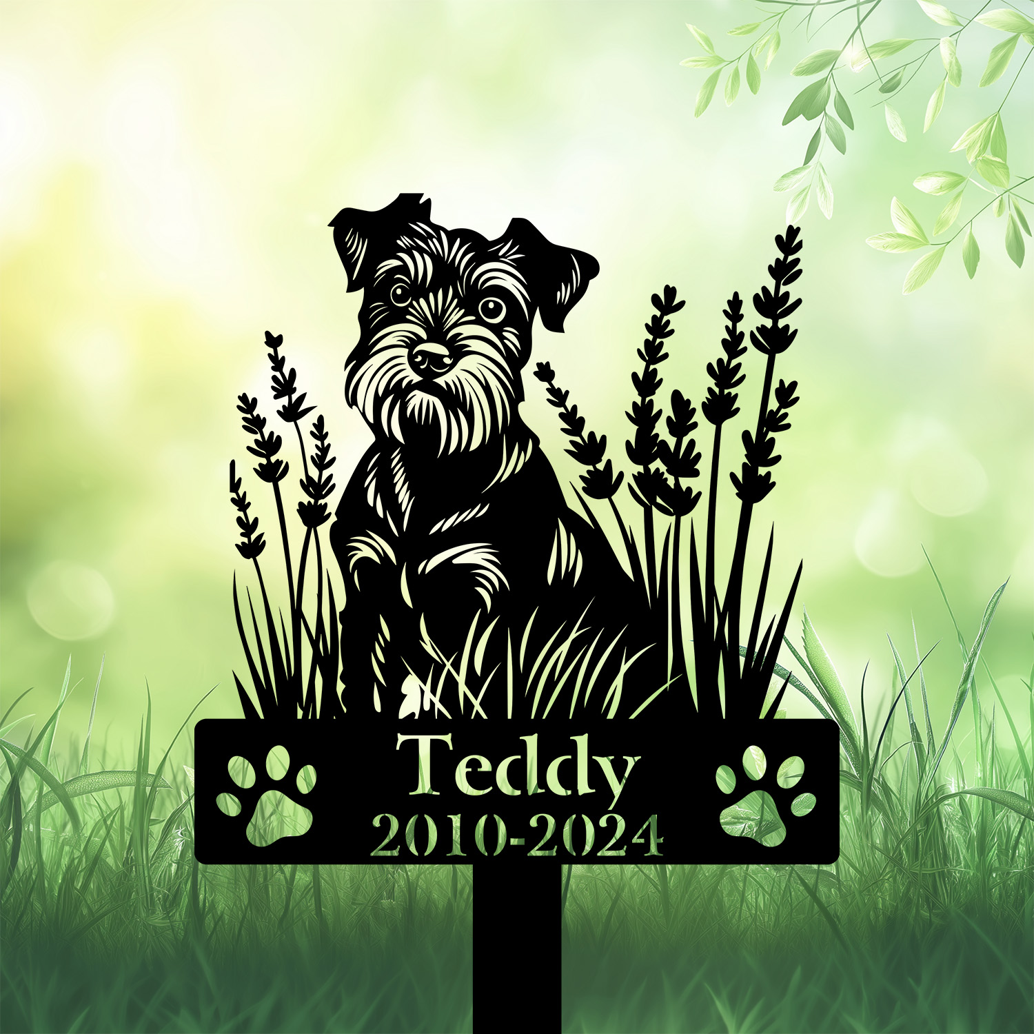 Schnauzer silhouette metal stake resting on lavender flower base – garden memorial marker Schnauzer silhouette metal stake resting on lavender flower base – garden memorial marker