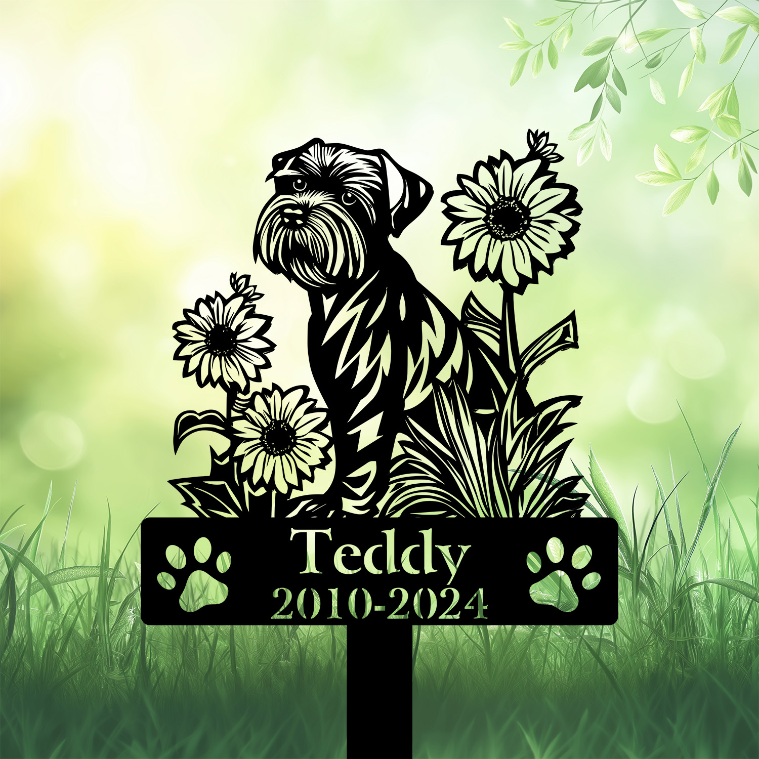 Powder-coated Schnauzer dog cemetery marker with sunflower accent – custom pet decor Powder-coated Schnauzer dog cemetery marker with sunflower accent – custom pet decor