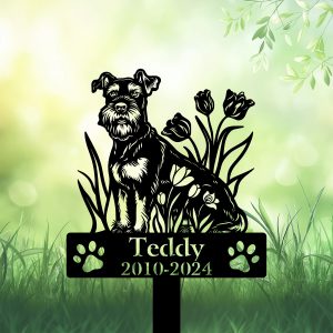 Personalized Schnauzer Dog Grave Marker – Custom Memorial Stake with Tulip Flowers for Pet Loss and Garden Tribute | DINOZOZO