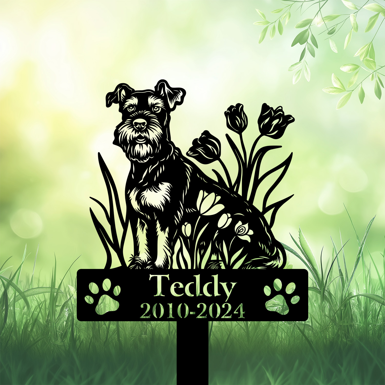 Outdoor Schnauzer grave stake – personalized dog memorial with tulip accents
