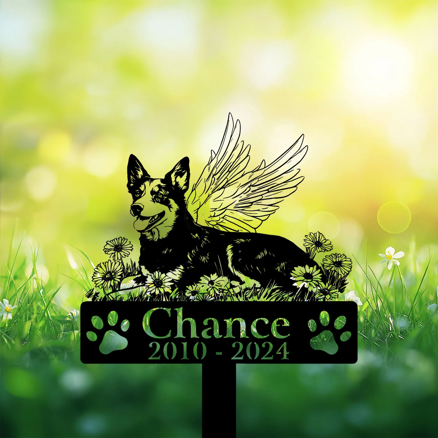 1-1 Black garden memorial stake with winged dog, flowers, paw prints, and text “Chance 2010 - 2024”