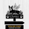 2-1 Black dog memorial garden stake with angel wings, flowers, paw prints, and text “Chance 2010 - 2024” on white wood