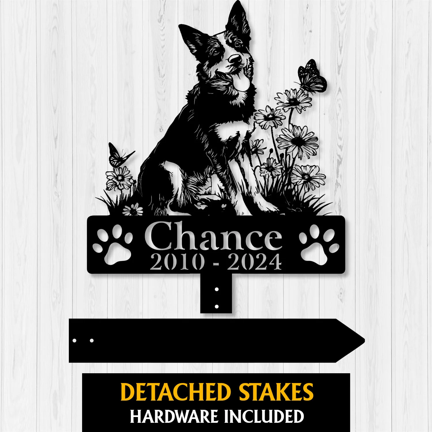 Australian-Cattle-1 Black dog memorial garden stake with flowers and butterflies, reading “Chance 2010-2024,” detached stakes included