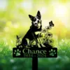 Australian-Cattle-2 Black dog memorial garden stake with flowers, butterflies, paw prints, and text “Chance 2010 - 2024” in grass