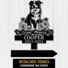 Black dog memorial garden stake sign with sunflowers, text “In Loving Memory Of Cooper 2012-2024,” on white wood.