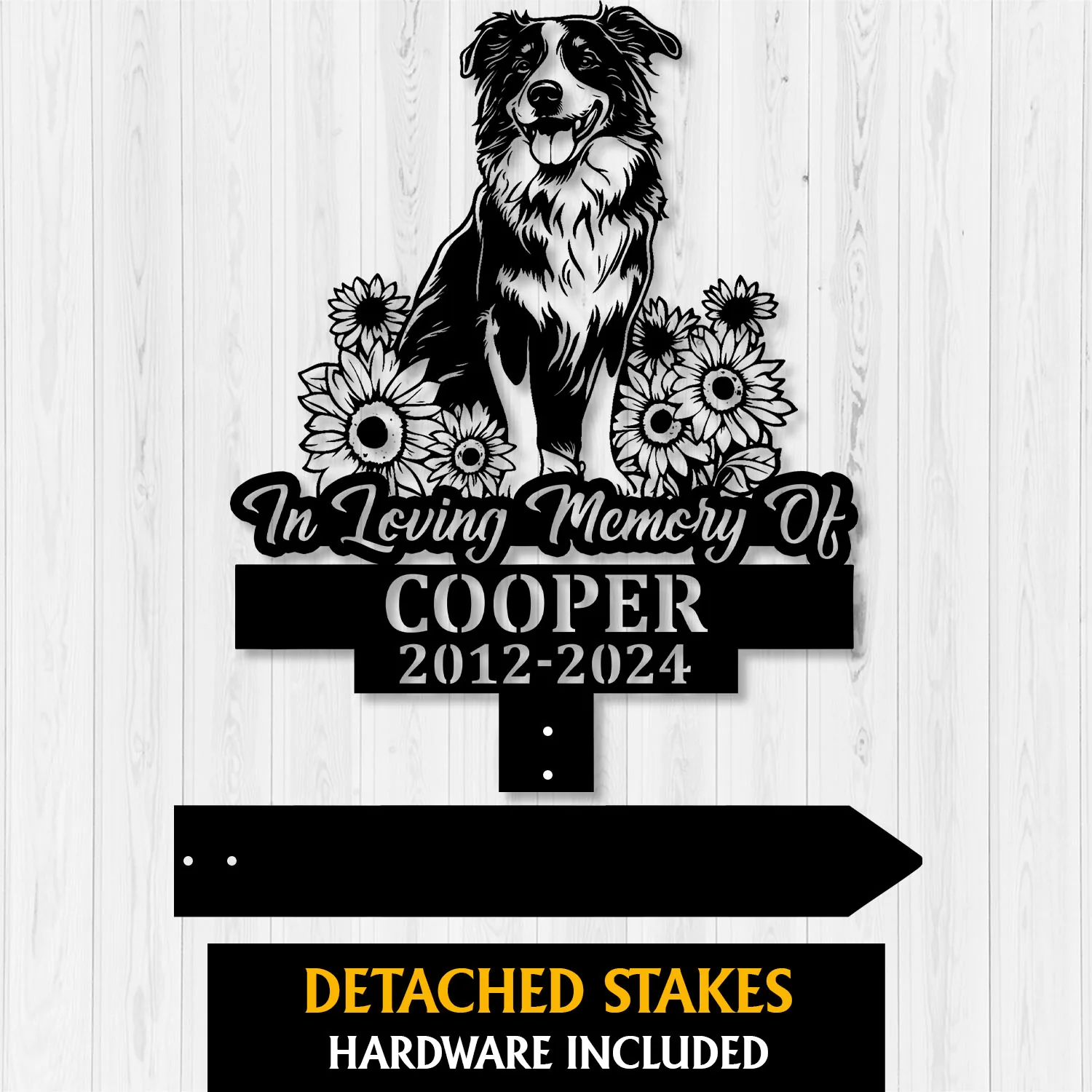Black dog memorial garden stake sign with sunflowers, text “In Loving Memory Of Cooper 2012-2024,” on white wood.