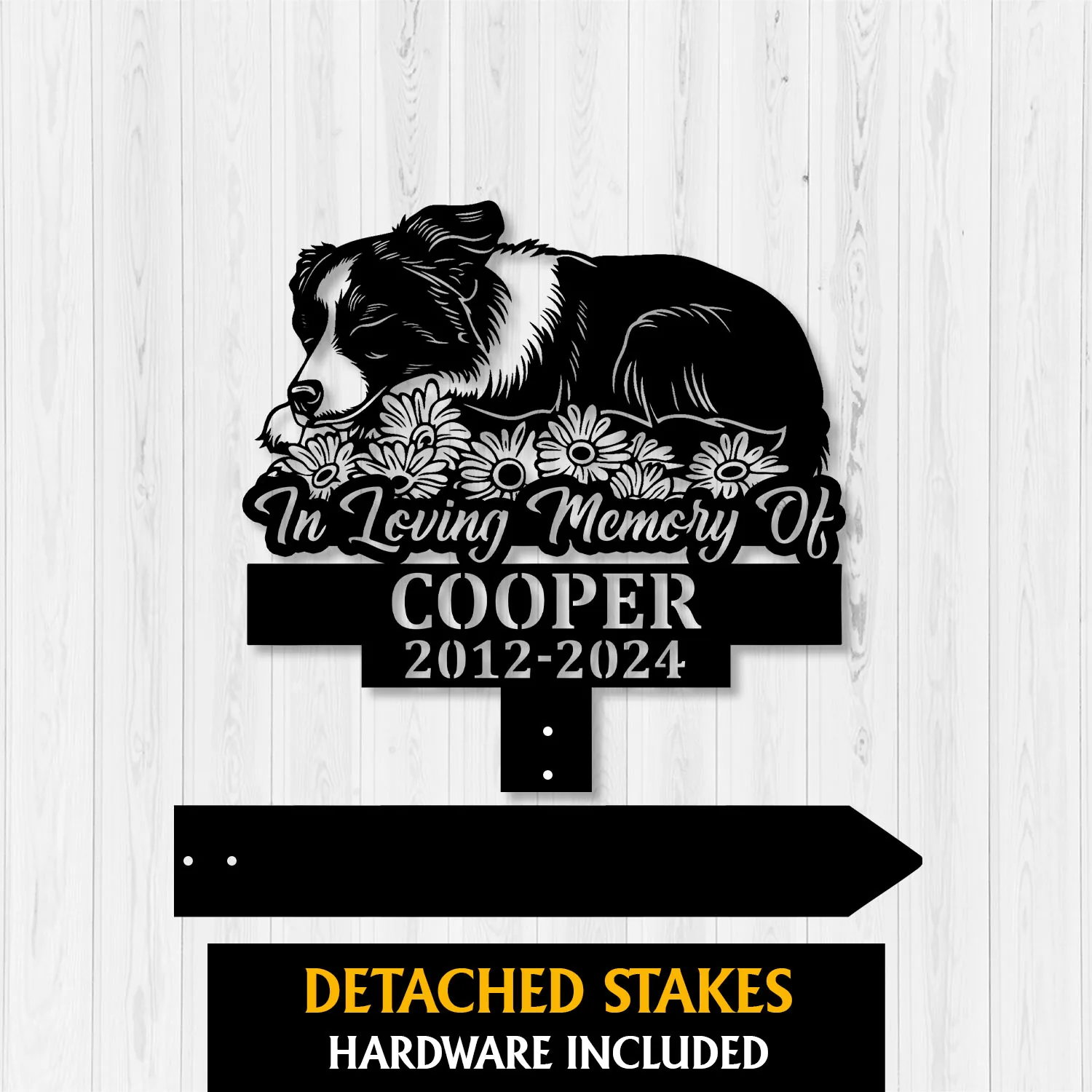 Black dog memorial garden stake sign reading In Loving Memory Of Cooper 2012-2024, with detached stakes