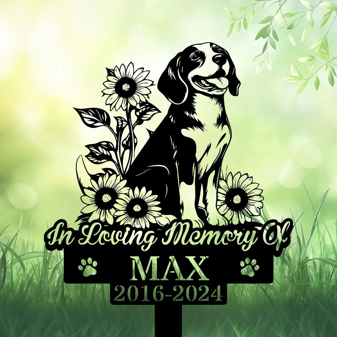 Memorial sign featuring a dog surrounded by sunflowers, with text 'In Loving Memory Of Max 2016-2024'.