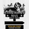 Black memorial sign with a dog illustration, text reads 'In Loving Memory Of MAX 2016-2024', includes detached stakes.
