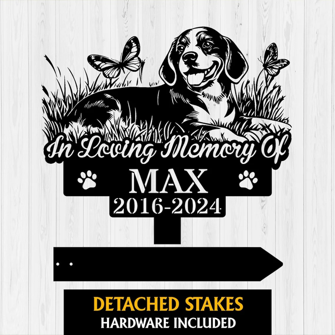 Black memorial sign with a dog illustration, text reads 'In Loving Memory Of MAX 2016-2024', includes detached stakes.