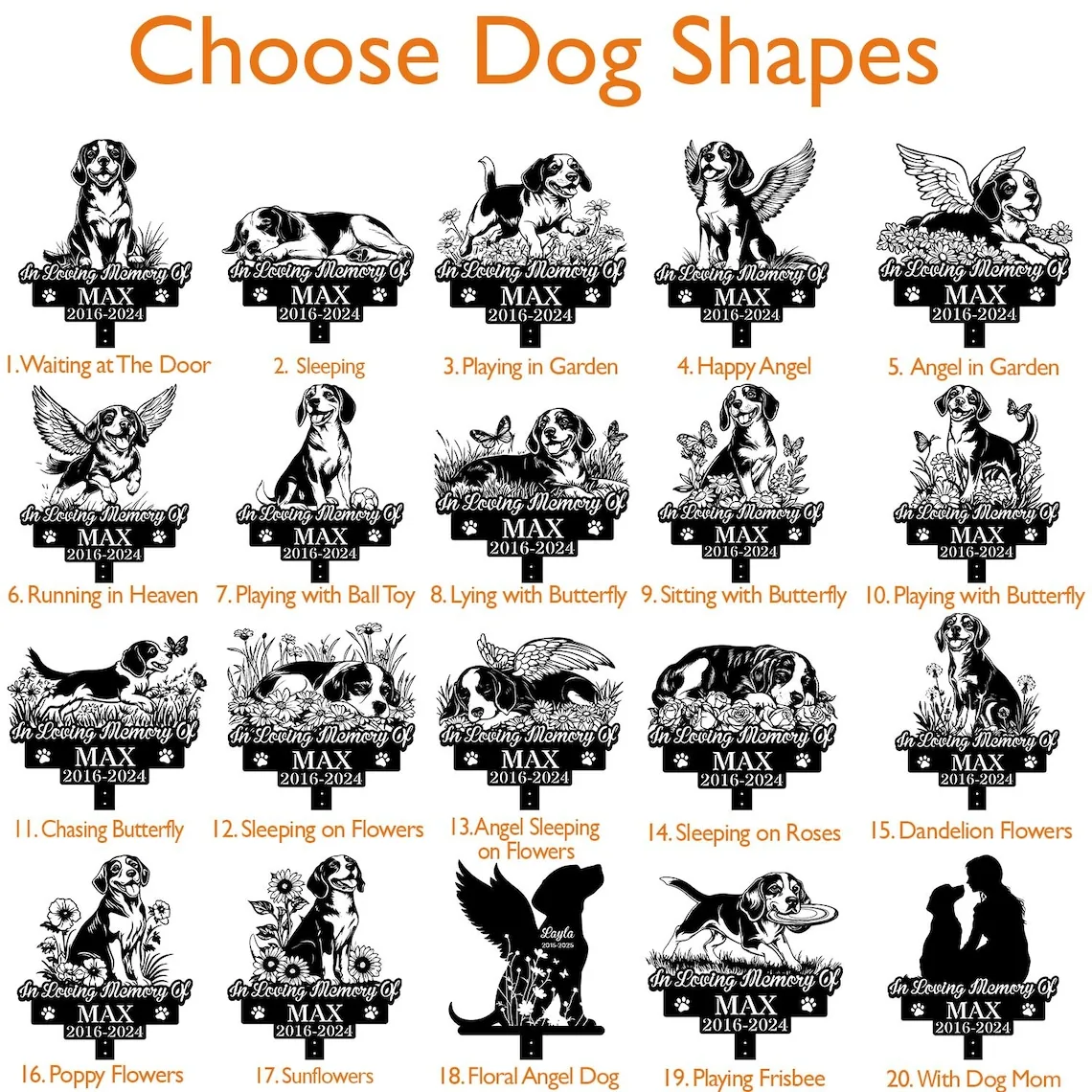 Grid of dog memorial designs with various poses and themes, labeled with names and years.