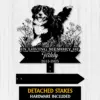 Bernese-Mountain-Playing-in-Garden-2-1 Black pet memorial yard stake sign with dog, flowers, text “In Loving Memory of Teddy 2015-2025,” and detached stakes