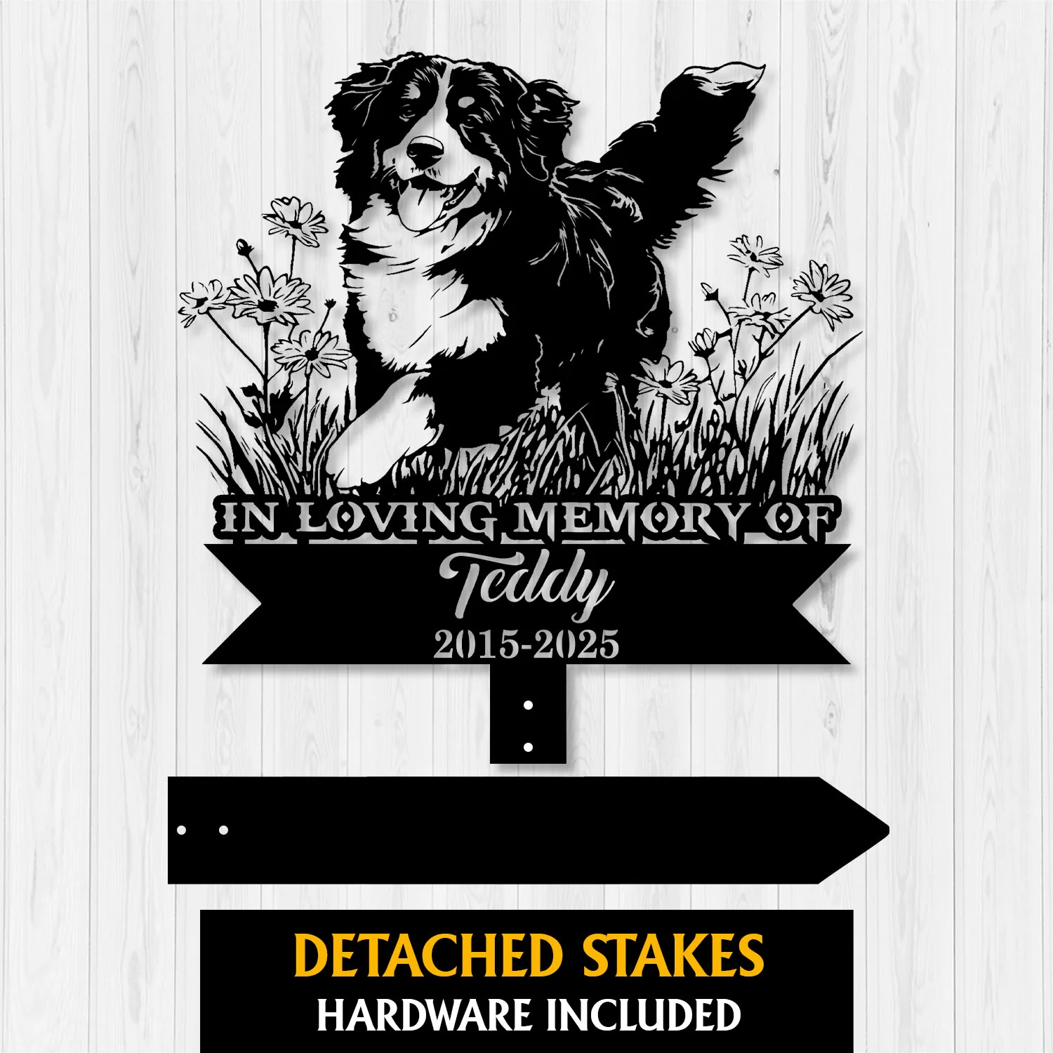 Bernese-Mountain-Playing-in-Garden-2-1 Black pet memorial yard stake sign with dog, flowers, text “In Loving Memory of Teddy 2015-2025,” and detached stakes