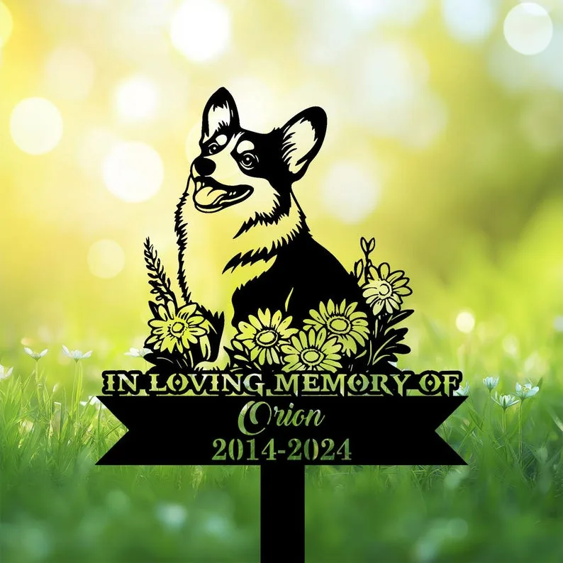 A memorial plaque featuring a corgi surrounded by flowers, with the text 'In Loving Memory of Orion 2014-2024'.