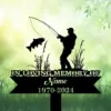 Fishing memorial garden stake silhouette with text “In Loving Memory of Name 1970-2024” on green grass background