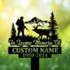 Hunting-11 Black memorial yard sign in grass with hunter, deer, mountains, and text 'In Loving Memory Of Custom Name 1950-2024'.