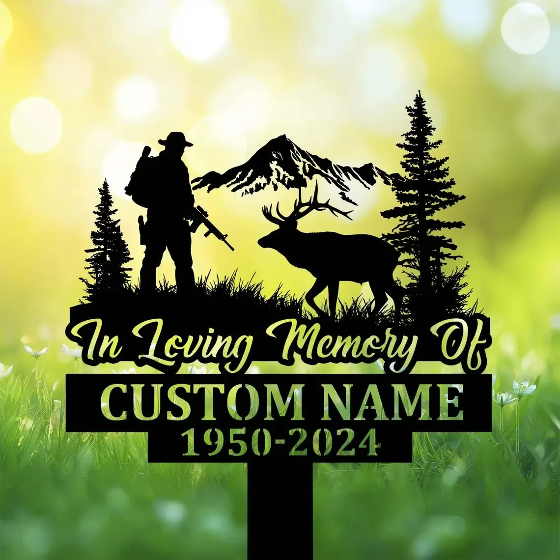 Hunting-11 Black memorial yard sign in grass with hunter, deer, mountains, and text 'In Loving Memory Of Custom Name 1950-2024'.